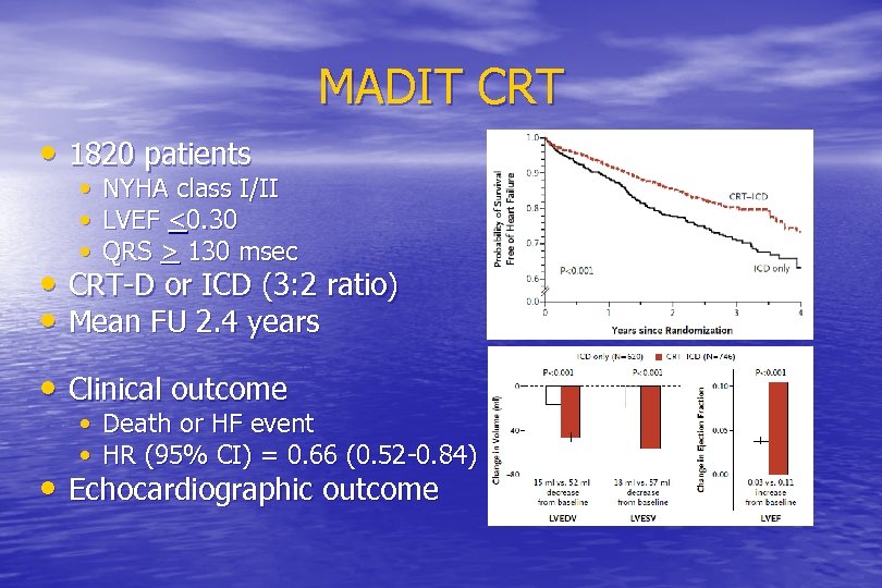 MADIT CRT • 1820 patients • NYHA class I/II • LVEF <0. 30 •