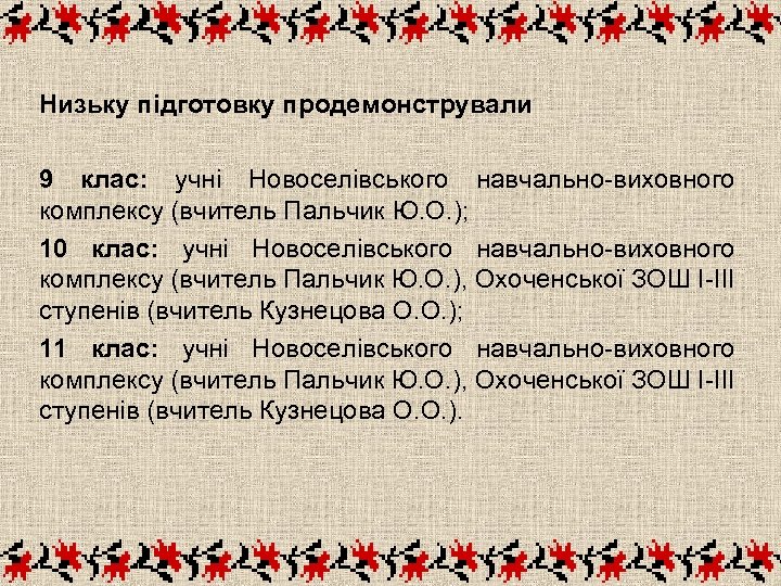 Низьку підготовку продемонстрували 9 клас: учні Новоселівського навчально-виховного комплексу (вчитель Пальчик Ю. О. );