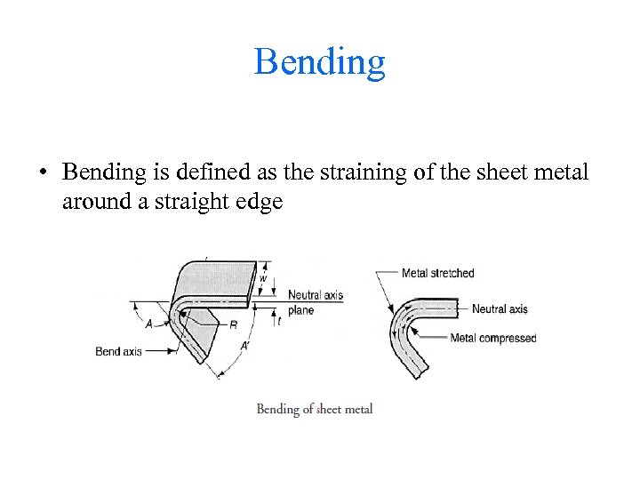 Bending • Bending is defined as the straining of the sheet metal around a