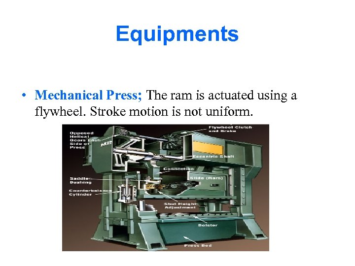 Equipments • Mechanical Press; The ram is actuated using a flywheel. Stroke motion is
