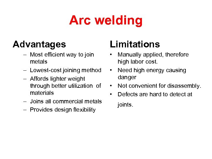 Arc welding Advantages – Most efficient way to join metals – Lowest-cost joining method