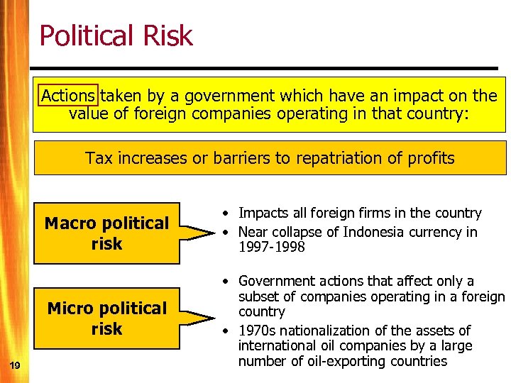Political Risk Actions taken by a government which have an impact on the value
