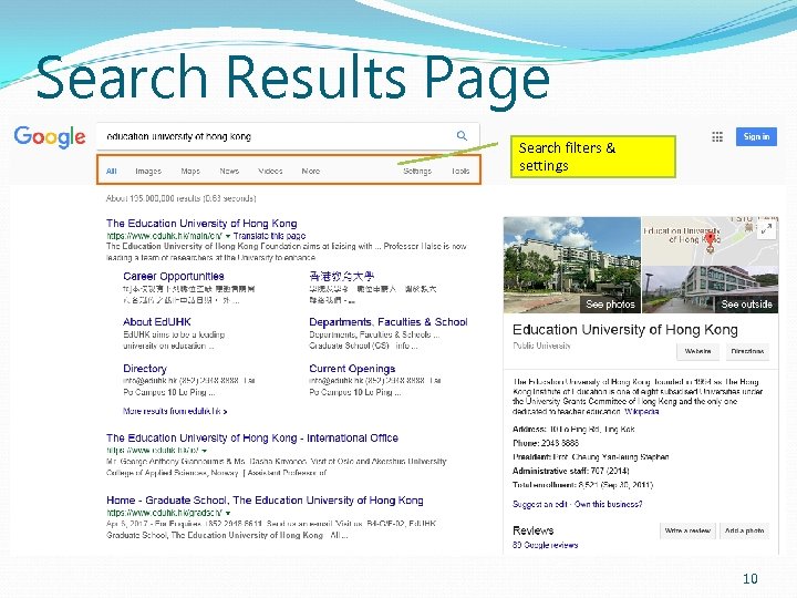 Search Results Page Search filters & settings 10 
