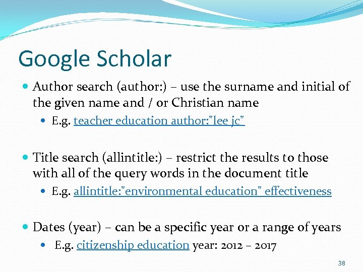 Google Scholar Author search (author: ) – use the surname and initial of the