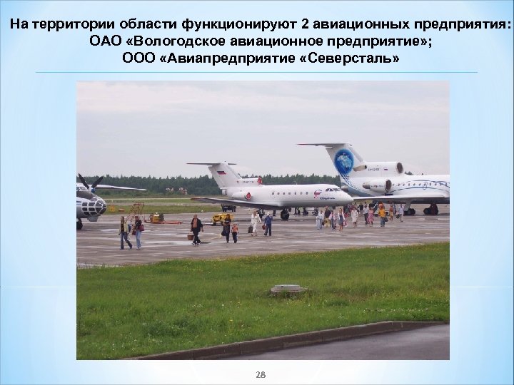 На территории области функционируют 2 авиационных предприятия: ОАО «Вологодское авиационное предприятие» ; ООО «Авиапредприятие