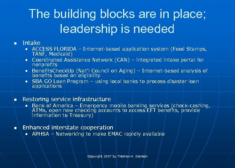 The building blocks are in place; leadership is needed n Intake • ACCESS FLORIDA