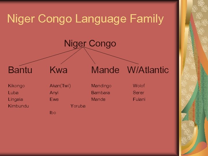 Niger Congo Language Family Niger Congo Bantu Kwa Mande W/Atlantic Kikongo Luba Lingala Kimbundu