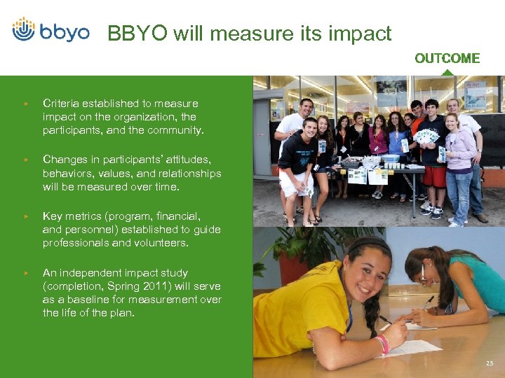 BBYO will measure its impact ▶ Criteria established to measure impact on the organization,