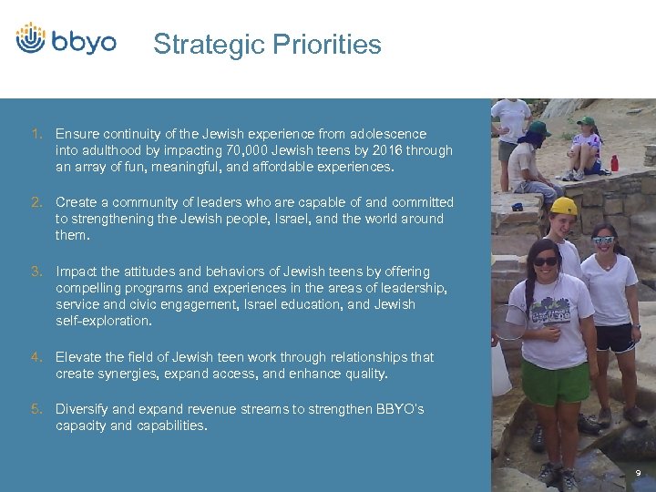 Strategic Priorities 1. Ensure continuity of the Jewish experience from adolescence into adulthood by