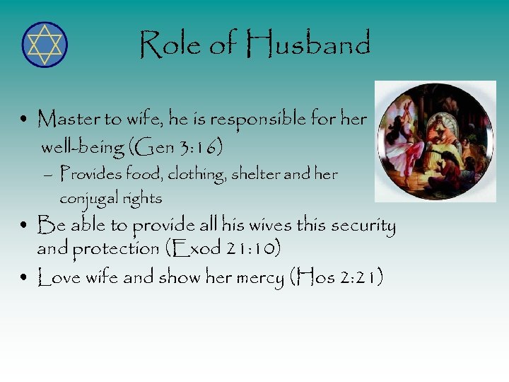 Role of Husband • Master to wife, he is responsible for her well-being (Gen