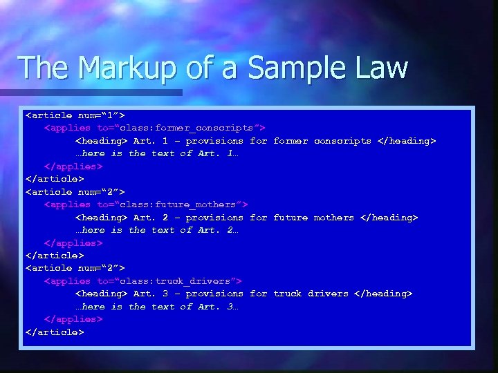 The Markup of a Sample Law <article num=“ 1”> <applies to=“class: former_conscripts”> <heading> Art.