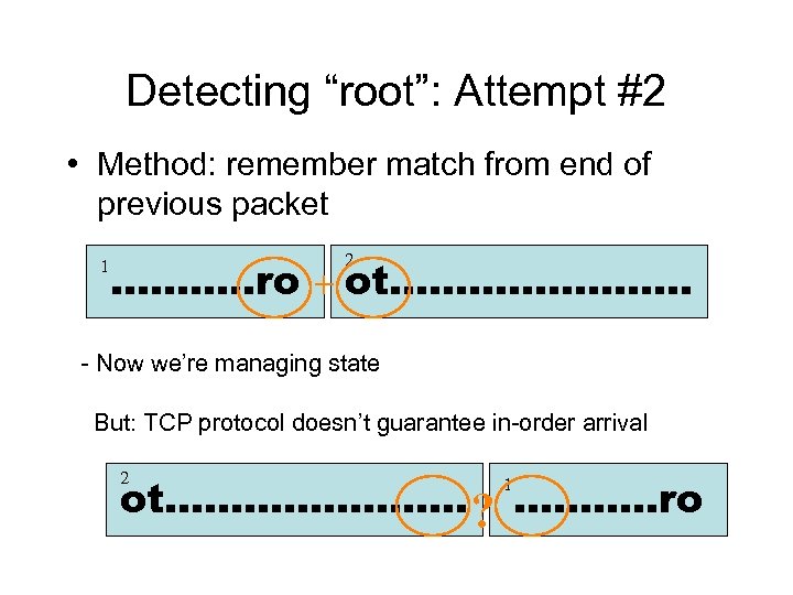 Detecting “root”: Attempt #2 • Method: remember match from end of previous packet 1