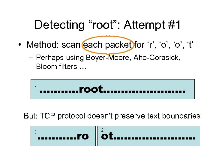 Detecting “root”: Attempt #1 • Method: scan each packet for ‘r’, ‘o’, ‘t’ –