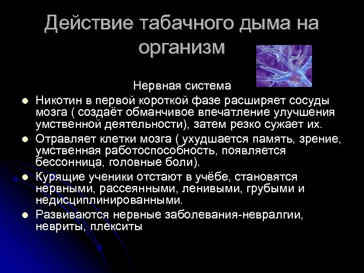 Действие табачного дыма на организм Нервная система Никотин в первой короткой фазе расширяет сосуды