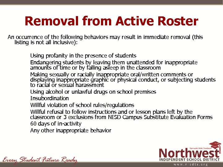Removal from Active Roster An occurrence of the following behaviors may result in immediate