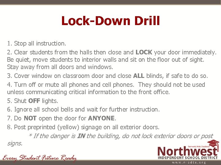 Lock-Down Drill 1. Stop all instruction. 2. Clear students from the halls then close