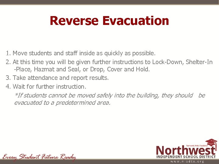 Reverse Evacuation 1. Move students and staff inside as quickly as possible. 2. At