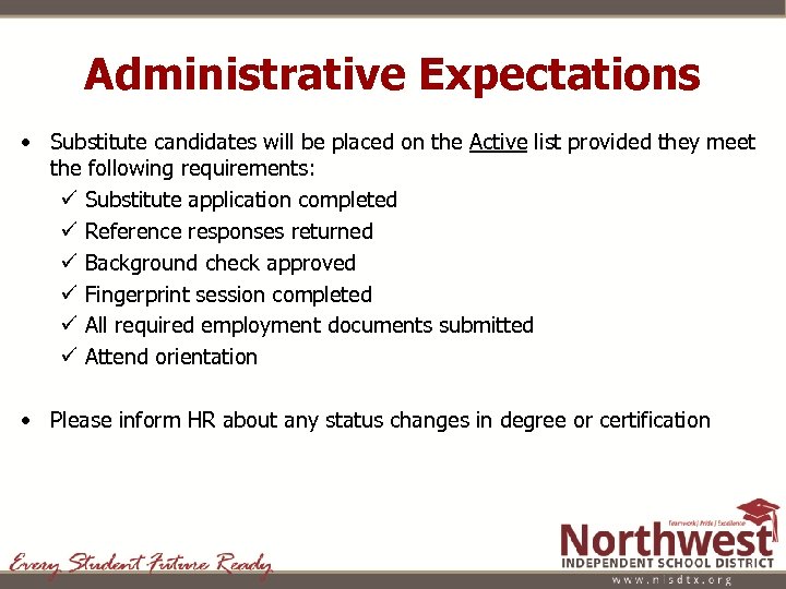 Administrative Expectations • Substitute candidates will be placed on the Active list provided they
