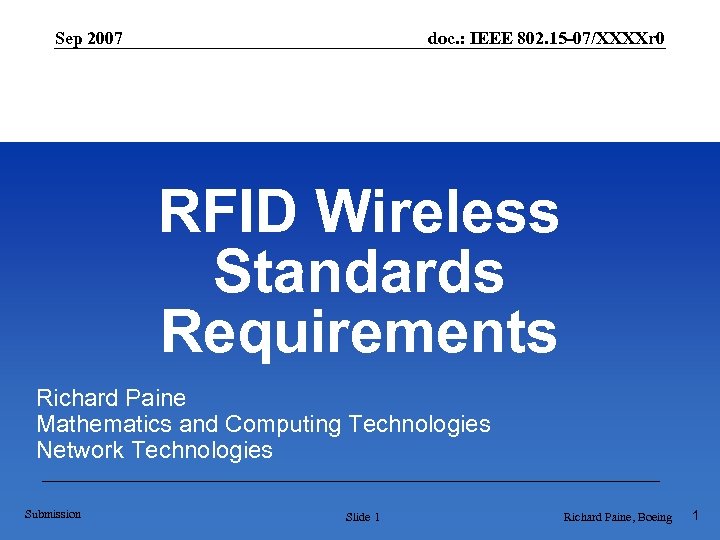 Sep 2007 doc. : IEEE 802. 15 -07/XXXXr 0 RFID Wireless Standards Requirements Richard