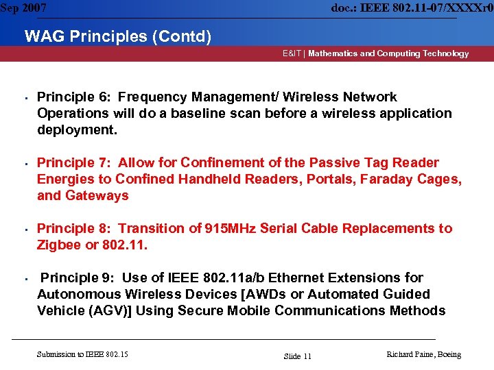 Sep 2007 doc. : IEEE 802. 11 -07/XXXXr 0 WAG Principles (Contd) E&IT |