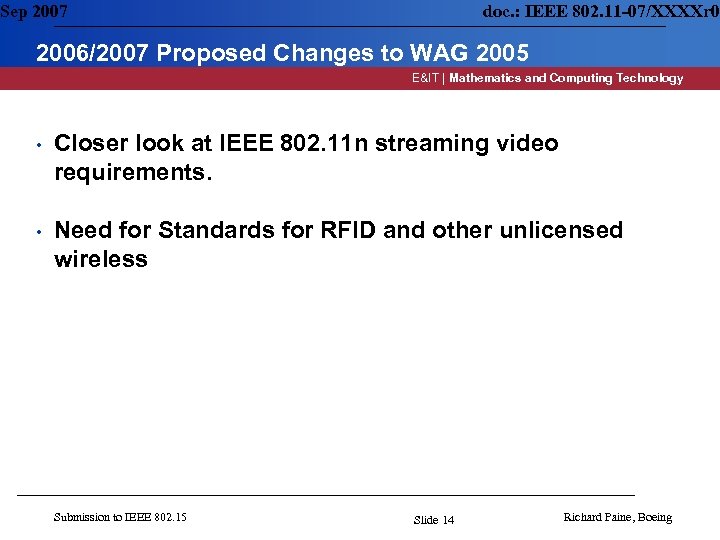 Sep 2007 doc. : IEEE 802. 11 -07/XXXXr 0 2006/2007 Proposed Changes to WAG