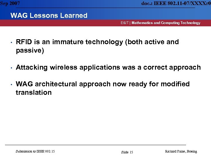 Sep 2007 doc. : IEEE 802. 11 -07/XXXXr 0 WAG Lessons Learned E&IT |