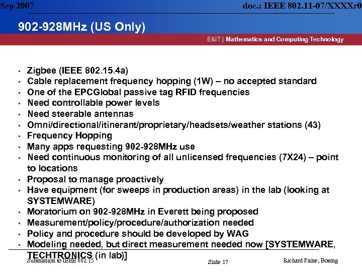 Sep 2007 doc. : IEEE 802. 11 -07/XXXXr 0 902 -928 MHz (US Only)