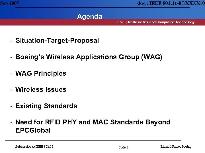 Sep 2007 doc. : IEEE 802. 11 -07/XXXXr 0 Agenda E&IT | Mathematics and