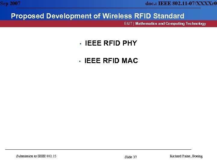 Sep 2007 doc. : IEEE 802. 11 -07/XXXXr 0 Proposed Development of Wireless RFID