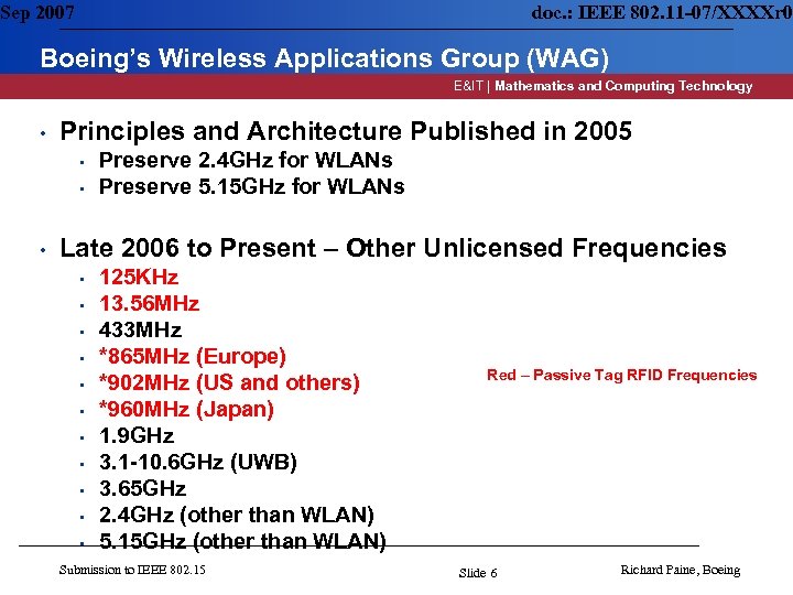 Sep 2007 doc. : IEEE 802. 11 -07/XXXXr 0 Boeing’s Wireless Applications Group (WAG)