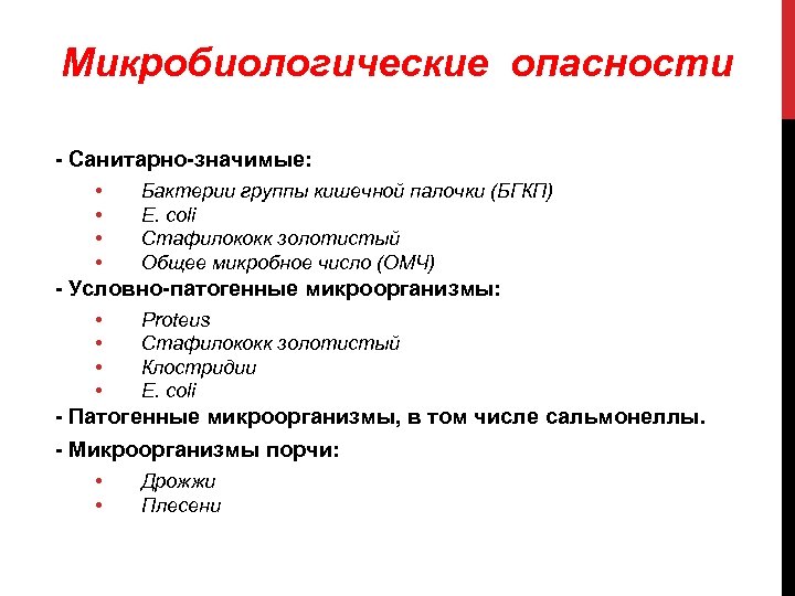 Микробиологические опасности - Санитарно-значимые: • • Бактерии группы кишечной палочки (БГКП) E. coli Стафилококк