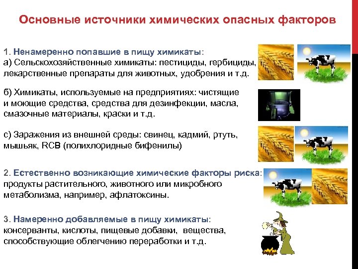 Основные источники химических опасных факторов 1. Ненамеренно попавшие в пищу химикаты: a) Сельскохозяйственные химикаты: