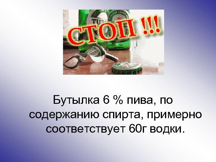 Бутылка 6 % пива, по содержанию спирта, примерно соответствует 60 г водки. 