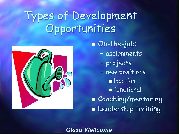 Types of Development Opportunities n On-the-job: – – – assignments projects new positions location