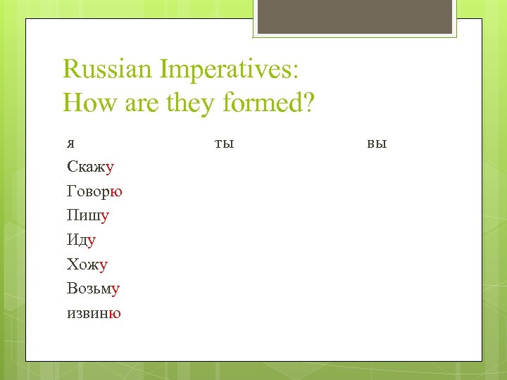 Russian Imperatives: How are they formed? я Скажу Говорю Пишу Иду Хожу Возьму извиню