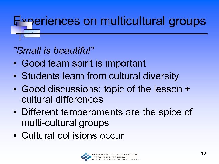 Experiences on multicultural groups ”Small is beautiful” • Good team spirit is important •