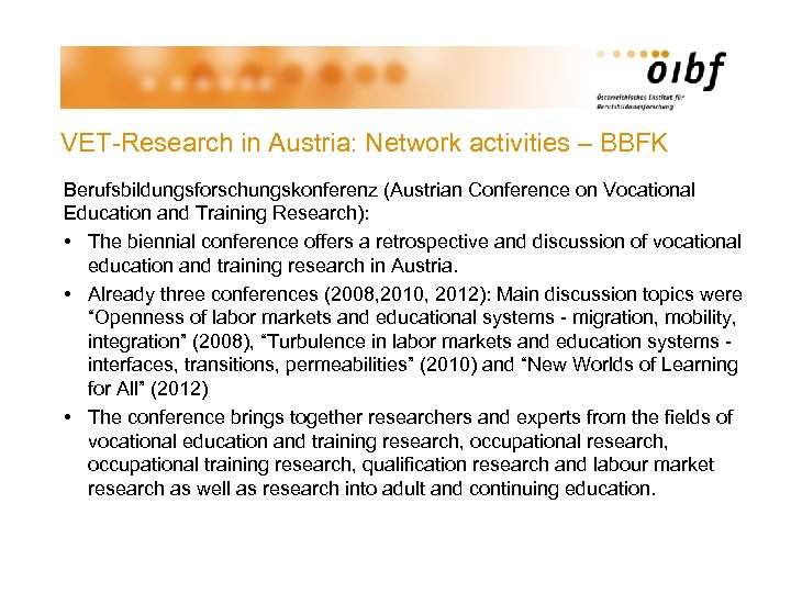 VET-Research in Austria: Network activities – BBFK Berufsbildungsforschungskonferenz (Austrian Conference on Vocational Education and
