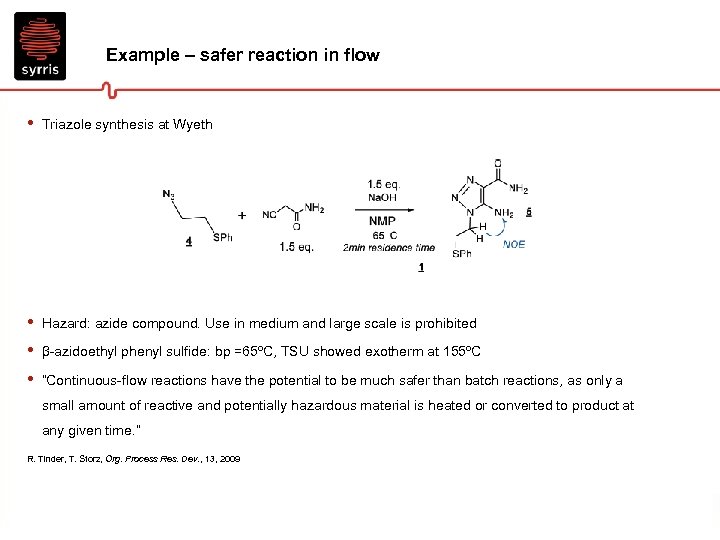 Example – safer reaction in flow • Triazole synthesis at Wyeth • • •