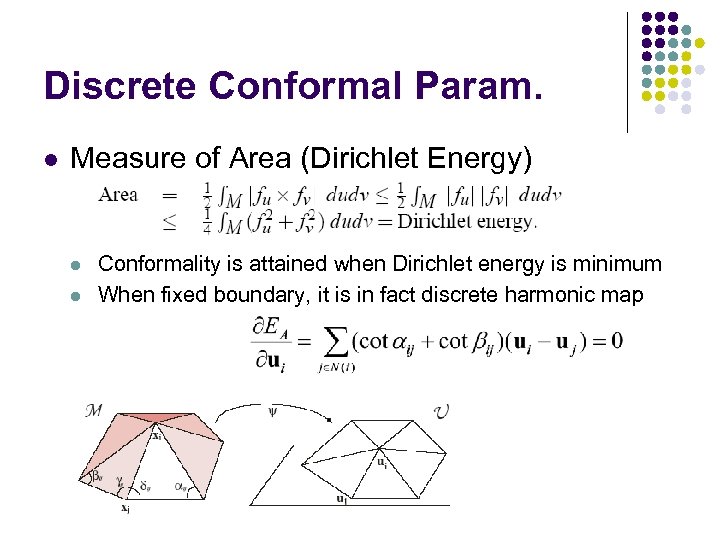 Discrete Conformal Param. l Measure of Area (Dirichlet Energy) l l Conformality is attained