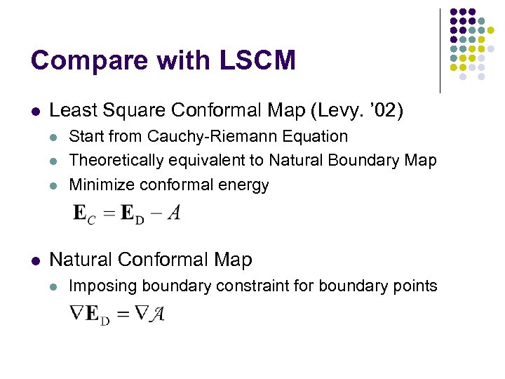 Compare with LSCM l Least Square Conformal Map (Levy. ’ 02) l l Start