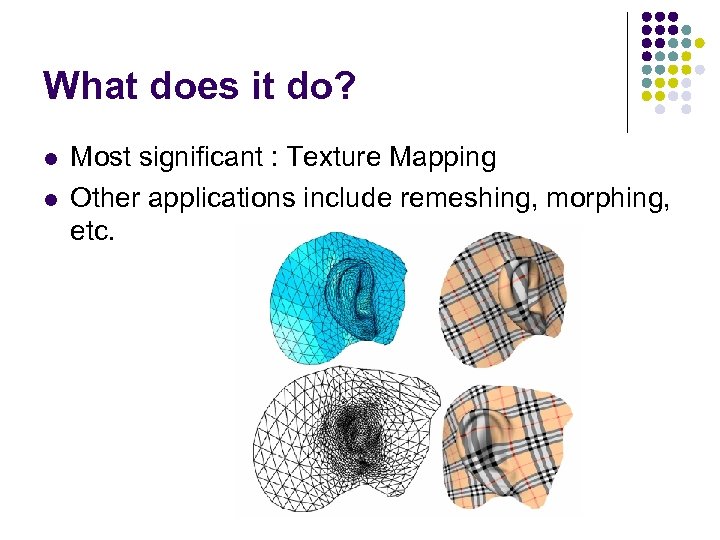 What does it do? l l Most significant : Texture Mapping Other applications include