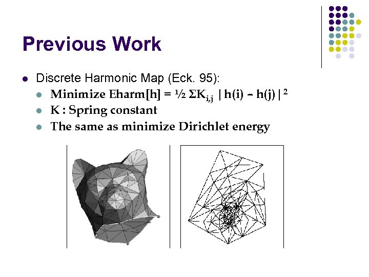 Previous Work l Discrete Harmonic Map (Eck. 95): l Minimize Eharm[h] = ½ ΣKi,