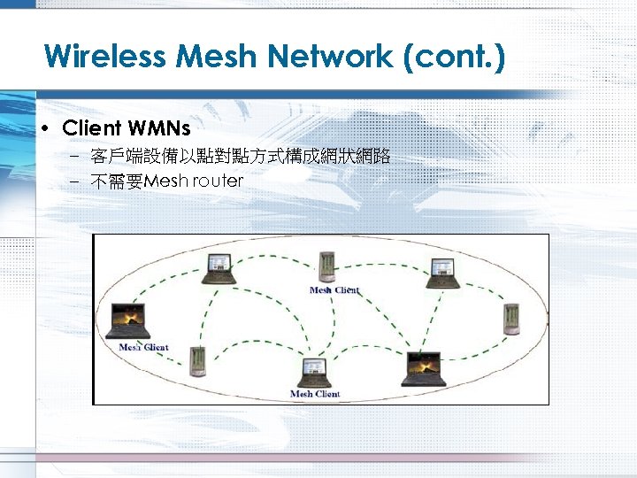 Wireless Mesh Network (cont. ) • Client WMNs – 客戶端設備以點對點方式構成網狀網路 – 不需要Mesh router 