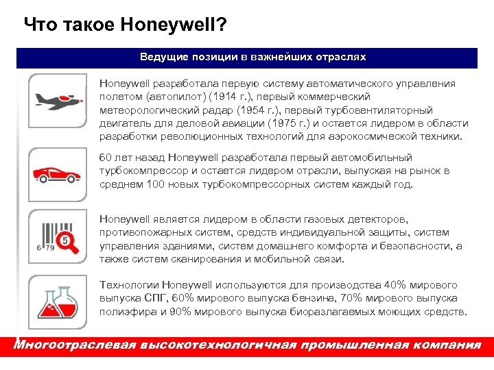 Что такое Honeywell? Ведущие позиции в важнейших отраслях Honeywell разработала первую систему автоматического управления