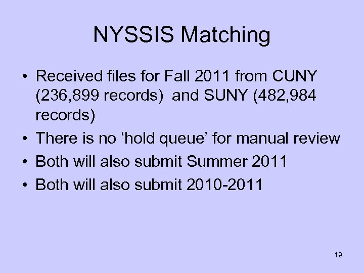 NYSSIS Matching • Received files for Fall 2011 from CUNY (236, 899 records) and
