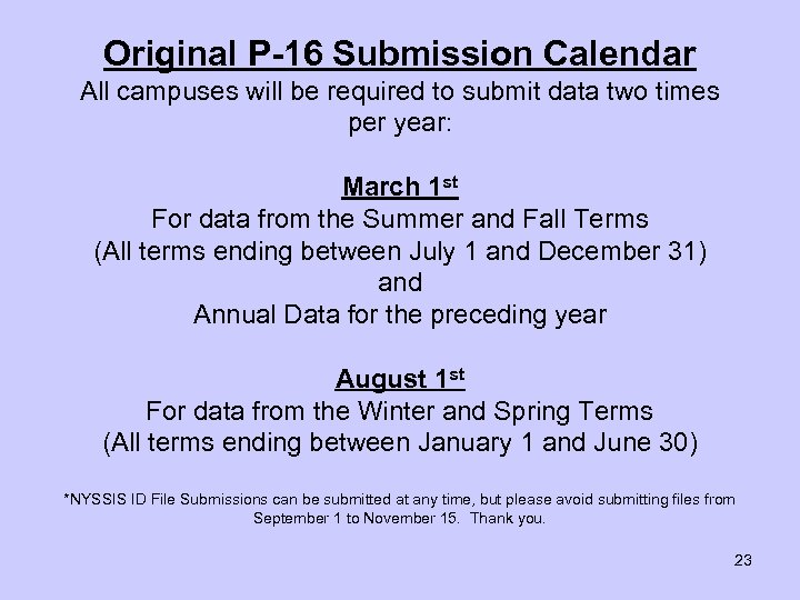 Original P-16 Submission Calendar All campuses will be required to submit data two times