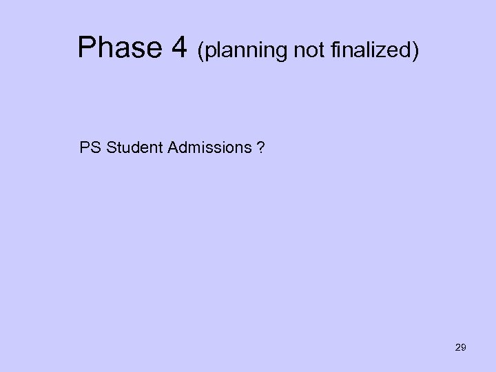 Phase 4 (planning not finalized) PS Student Admissions ? 29 