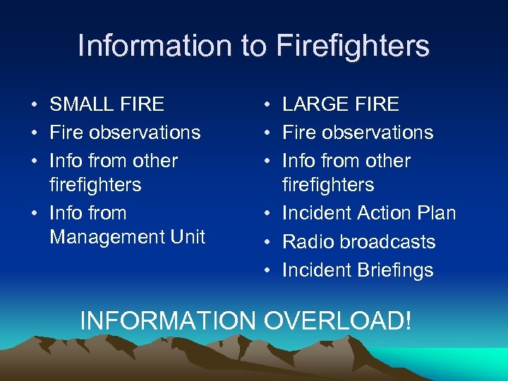 Information to Firefighters • SMALL FIRE • Fire observations • Info from other firefighters