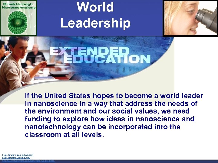 World Leadership If the United States hopes to become a world leader in nanoscience