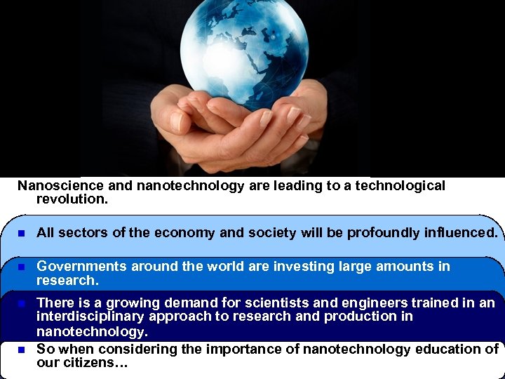 Nanoscience and nanotechnology are leading to a technological revolution. n All sectors of the